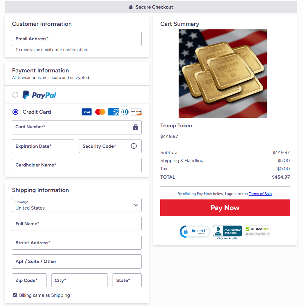 Trump Token of Realization order page